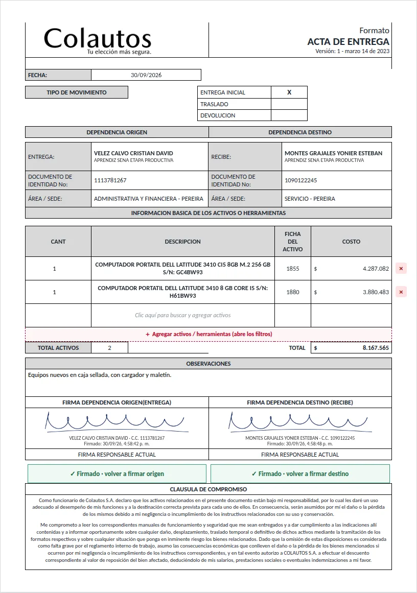 Acta diligenciada: personas, activos, observaciones y las dos firmas con fecha y hora.