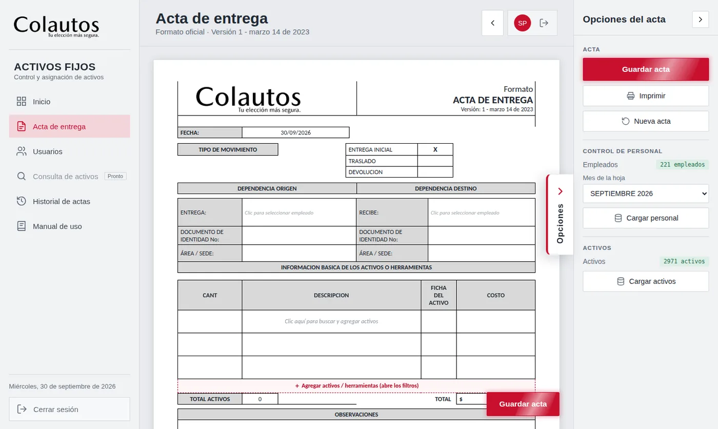 El acta vacía. A la derecha, el panel de opciones; abajo a la derecha, el botón Guardar acta.