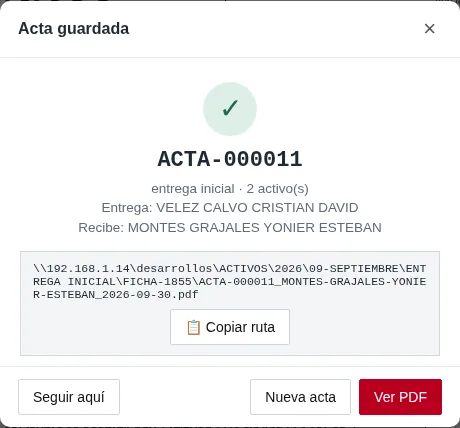 Confirmación al guardar: número del acta y ruta en la carpeta compartida.