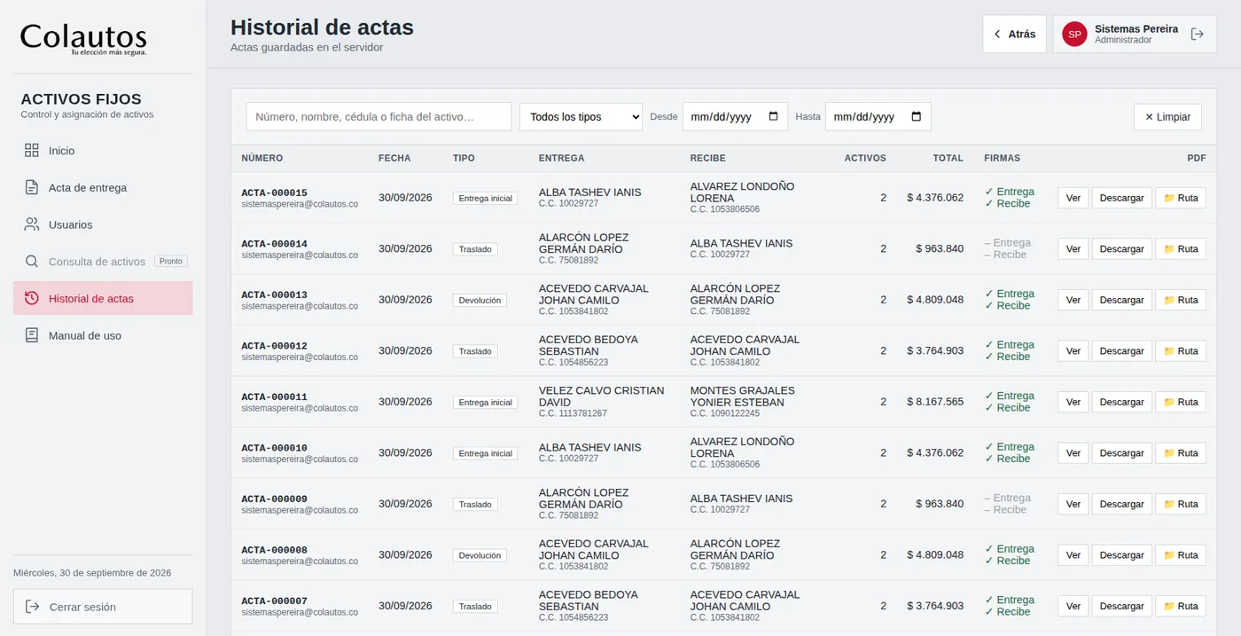 Historial: buscador, filtros por tipo y fechas, estado de las firmas y los botones Ver, Descargar y Ruta.