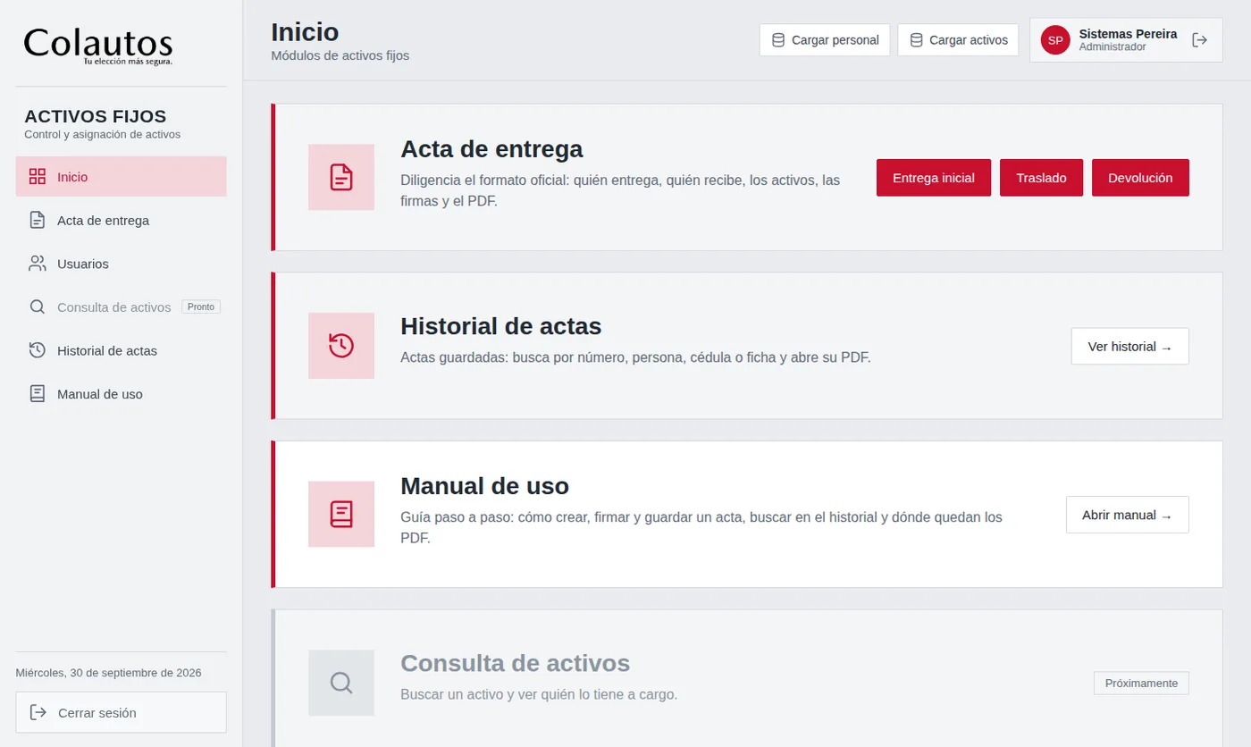 Inicio: los módulos de la aplicación y los tres tipos de acta.