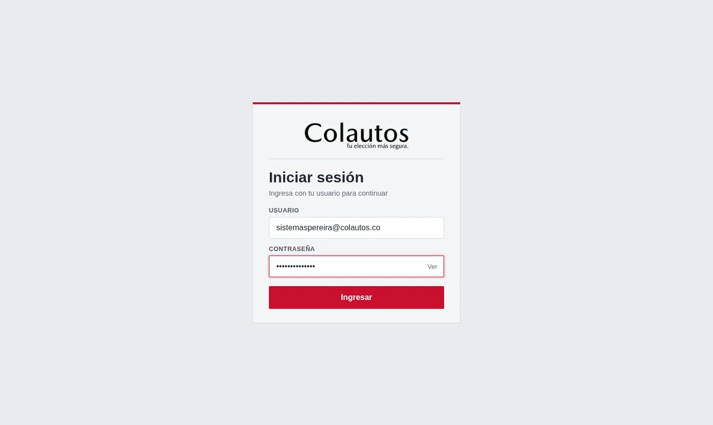 Pantalla de ingreso: usuario (correo) y contraseña.