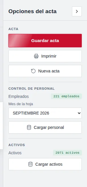 Panel de opciones del acta.