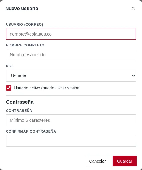 Formulario para crear un usuario.